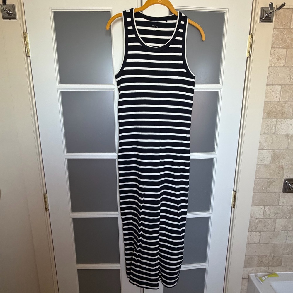 COS Navy and White Striped Ribbed Midi Dress